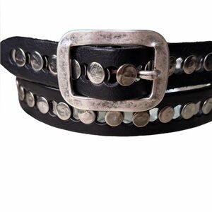 Black Studded Leather Belt with Silver Buckle